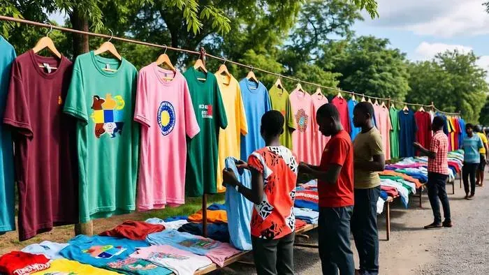 Colourful t-shirts hanging on display at an outdoor market